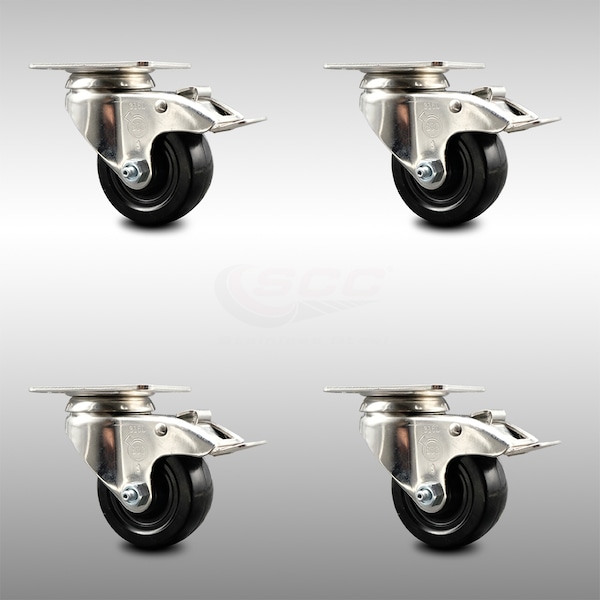 3 Inch 316SS Hard Rubber Wheel Swivel Top Plate Caster Set Total Lock Brake SCC